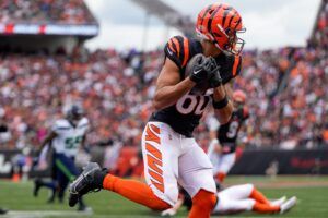 Cincinnati Bengals wide receiver Andrei Iosivas (80) catches a pass in the end zone for a touchdown in the second quarter of the NFL Week 6 game between the Cincinnati Bengals and the Seattle Seahawks at Paycor Stadium in downtown Cincinnati on Sunday, Oct. 15, 2023.