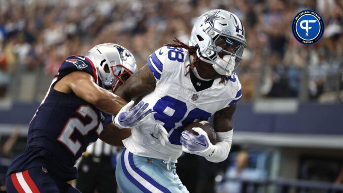 Dallas Cowboys WR CeeDee Lamb (88) catches a TD pass against the New England Patriots.