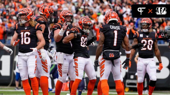 Cincinnati Bengals players celebrate after a touchdown.