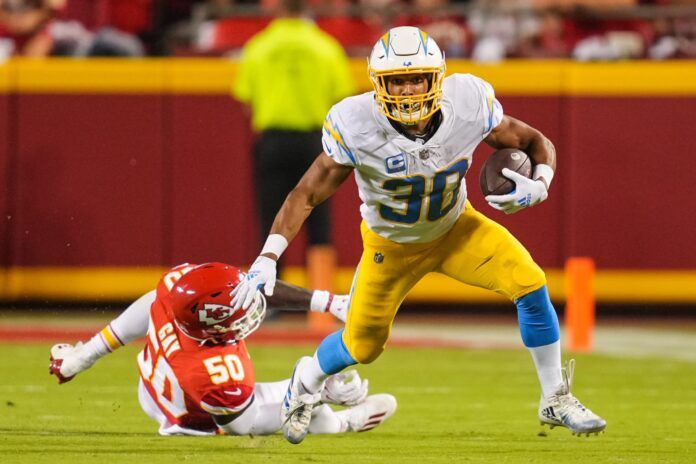 Los Angeles Chargers RB Austin Ekeler (30) runs with the ball against the Kansas City Chiefs.