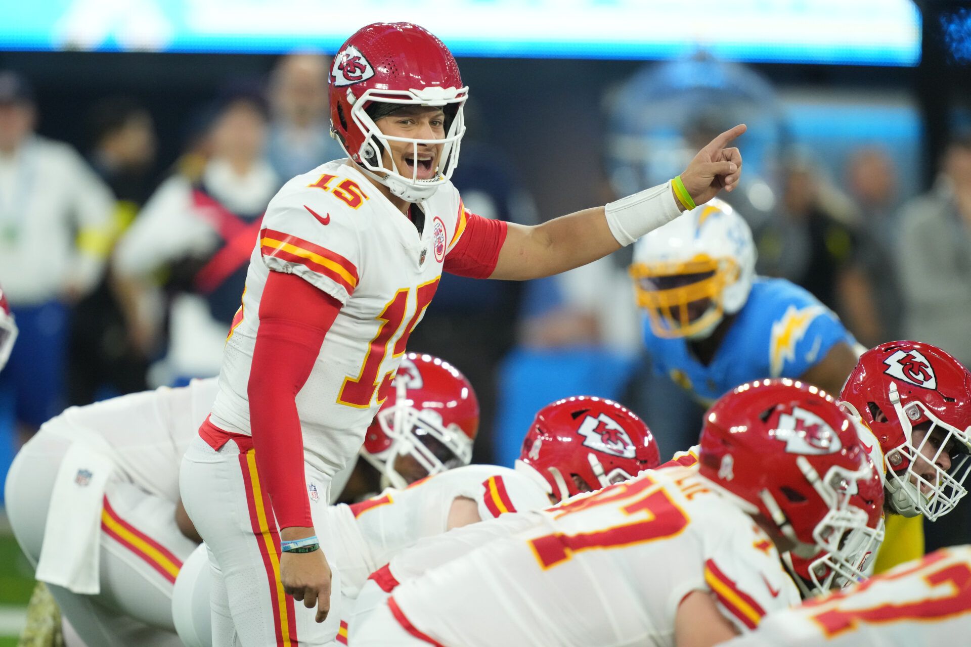 Kansas City Chiefs quarterback Patrick Mahomes (15) gestures in the first half against the Los Angeles Chargers at SoFi Stadium.