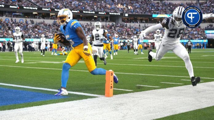 Los Angeles Chargers WR Joshua Palmer (5) runs into the end zone against the Dallas Cowboys.