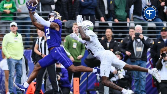 Washington Huskies WR Ja'Lynn Polk (2) catches a TD pass against the Oregon Ducks.