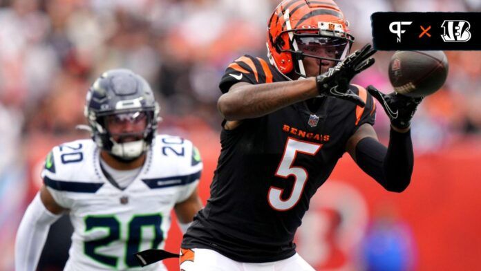 Cincinnati Bengals WR Tee Higgins (5) makes a catch against the Seattle Seahawks.