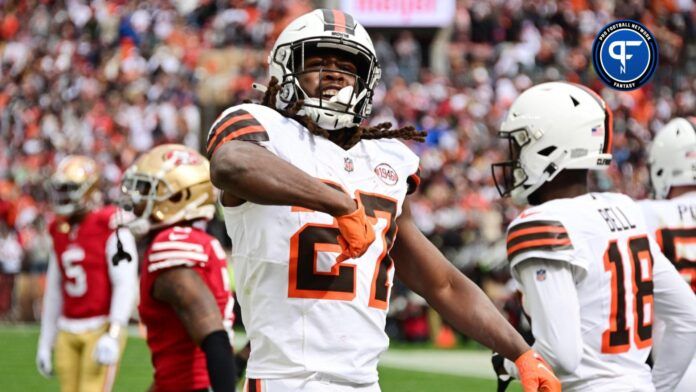 Kareem Hunt (27) celebrates after scoring during the first half against the San Francisco 49ers at Cleveland Browns Stadium.