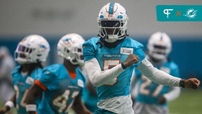 Miami Dolphins cornerback Jalen Ramsey (5) works out during mandatory minicamp at the Baptist Health Training Complex.