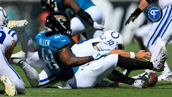 Jacksonville Jaguars linebacker Josh Allen (41) commits a fumble turnover against Indianapolis Colts quarterback Gardner Minshew (10) during the second quarter.