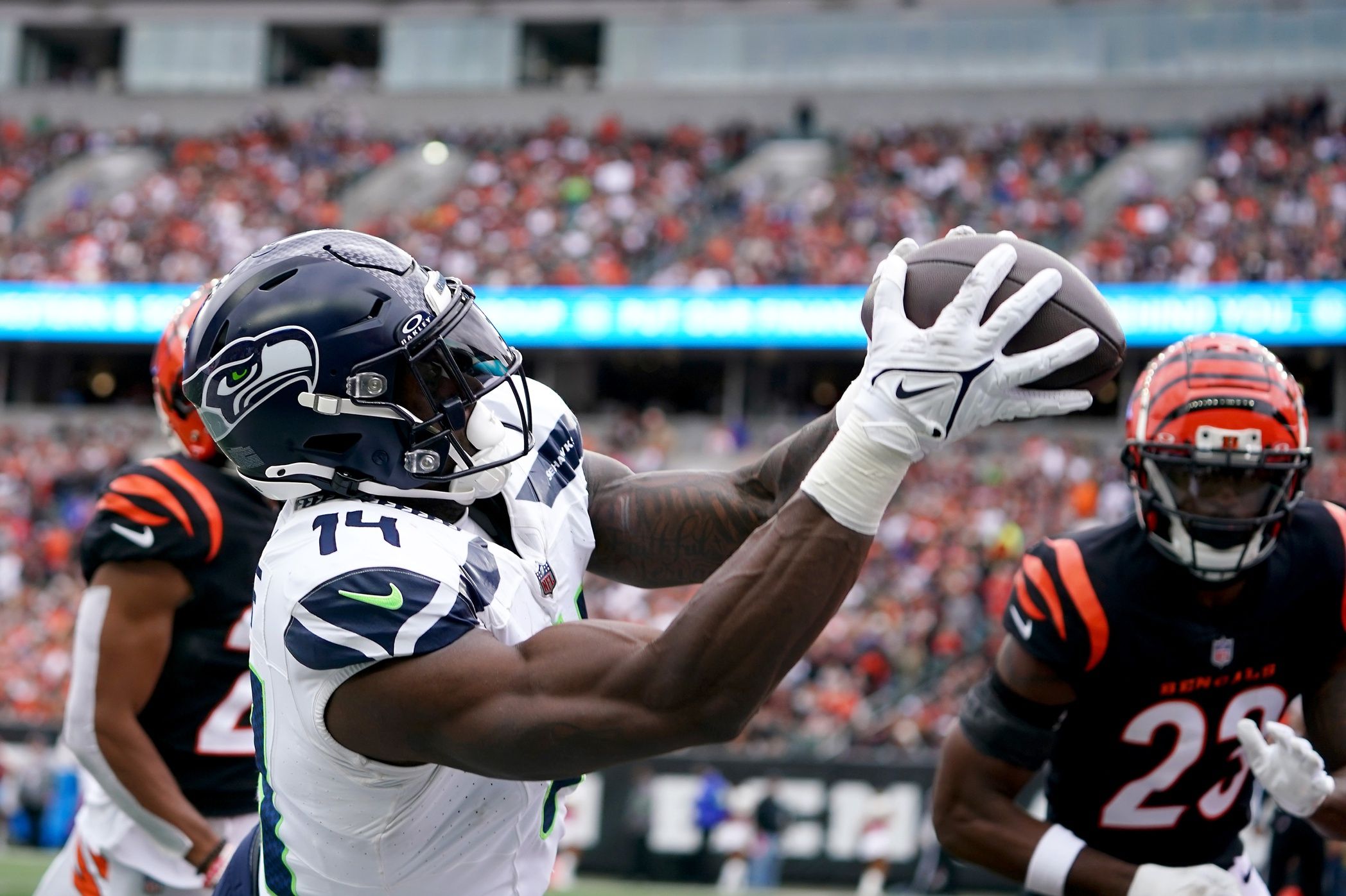 DK Metcalf (14) catches a pass but is out of bounds near the end zone in the third quarter against the Cincinnati Bengals at Paycor Stadium.