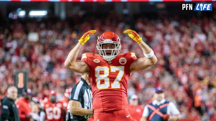 Kansas City Chiefs tight end Travis Kelce (87) celebrates after a play during the second quarter against the Denver Broncos.