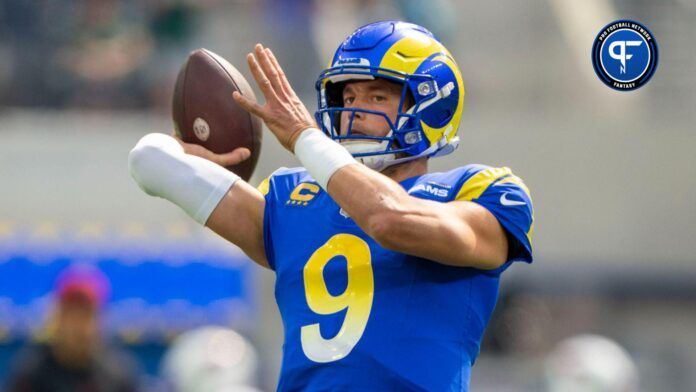 Los Angeles Rams quarterback Matthew Stafford (9) warms up before the game against the Arizona Cardinals at SoFi Stadium.