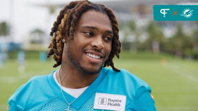 Miami Dolphins cornerback Jalen Ramsey (5) looks on while talking to reporters during mandatory minicamp at the Baptist Health Training Complex.