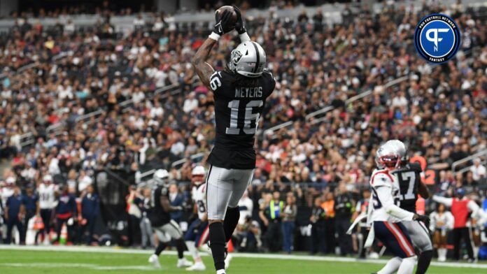 Las Vegas Raiders wide receiver Jakobi Meyers (16) scores a touchdown in the second quarter against the New England Patriots at Allegiant Stadium.