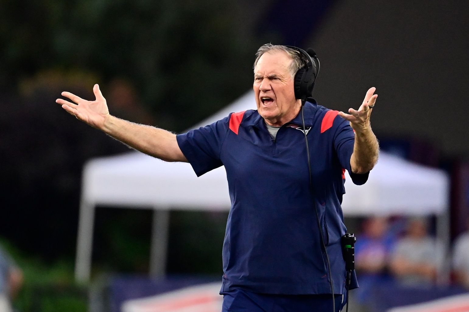 Bill Belichick reacts to a call on the field during the second half against the Philadelphia Eagles at Gillette Stadium.