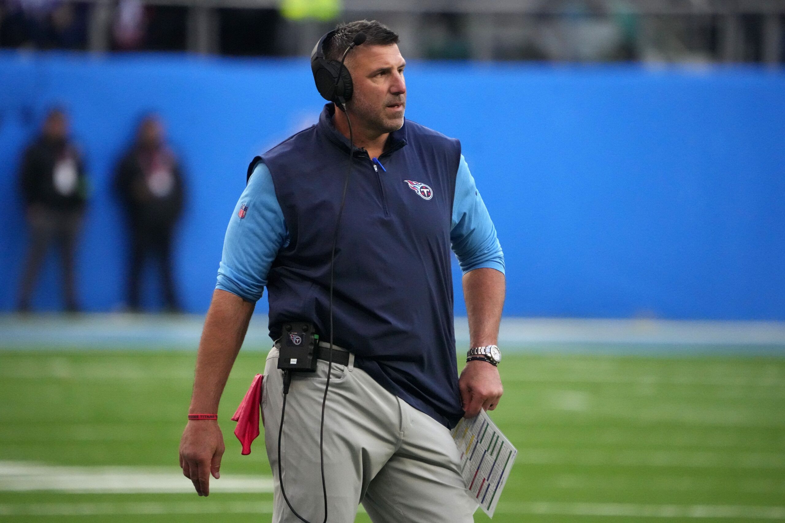 Mike Vrabel watches from the sidelines against the Baltimore Ravens in the second half during an NFL International Series game at Tottenham Hotspur Stadium.