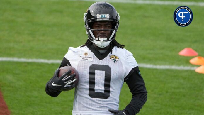 Jacksonville Jaguars wide receiver Calvin Ridley (0) carries the ball during practice at Hanbury Manor Marriott.