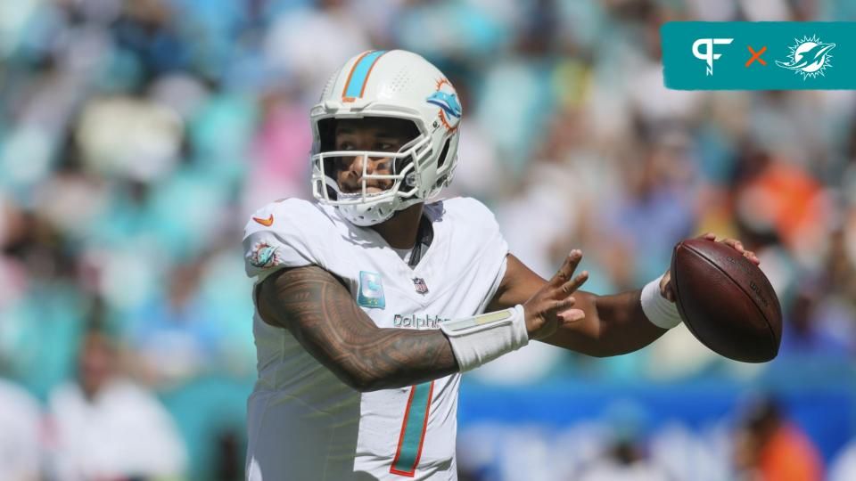 Miami Dolphins QB Tua Tagovailoa steps back to pass.