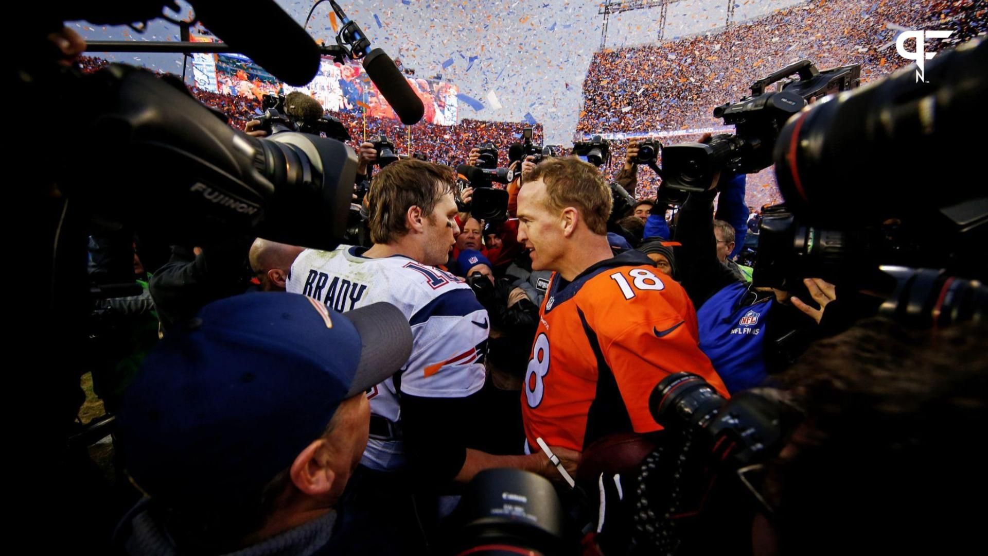 New England Patriots quarterback Tom Brady (12) and Denver Broncos quarterback Peyton Manning (18) shake hands and speak after the game in the AFC Championship game.