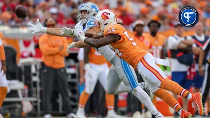 Tampa Bay Buccaneers linebacker Lavonte David (54) breaks up a pass to Detroit Lions tight end Sam LaPorta (87) in the second quarter at Raymond James Stadium.