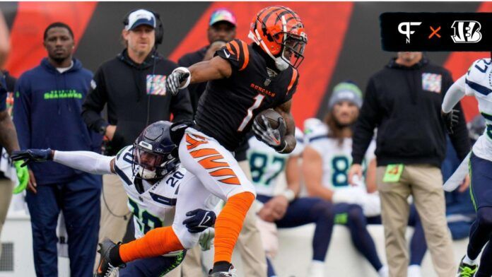 Cincinnati Bengals wide receiver Ja'Marr Chase (1) catches a pass down the sideline in the first quarter of the NFL Week 6 game between the Cincinnati Bengals and the Seattle Seahawks at Paycor Stadium in downtown Cincinnati on Sunday, Oct. 15, 2023.