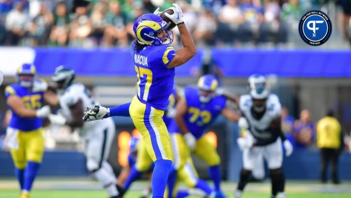 Los Angeles Rams wide receiver Puka Nacua (17) catches a pass against the Philadelphia Eagles during the second half at SoFi Stadium.