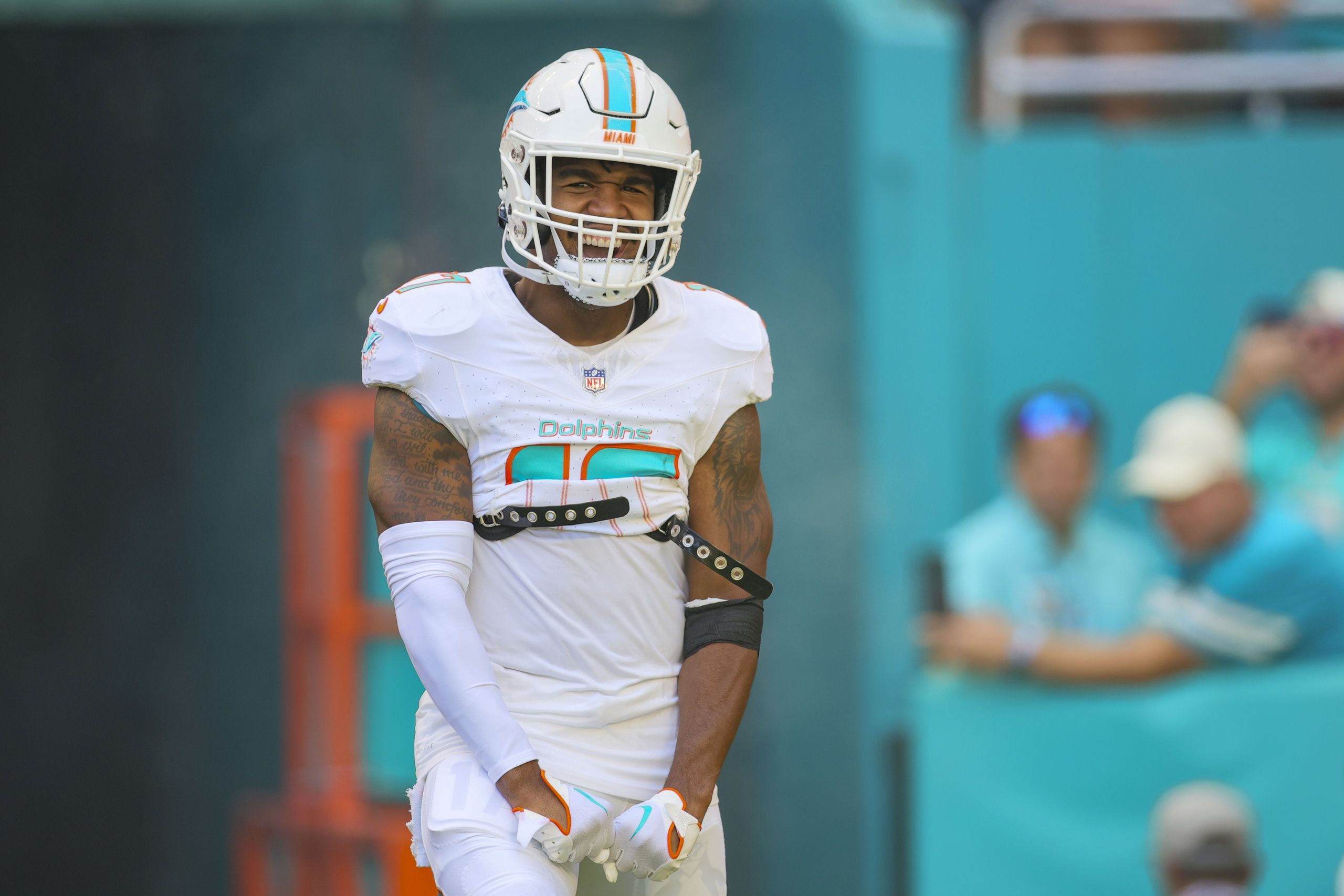 Jaylen Waddle (17) reacts as he takes the enters the field prior to the game against the Carolina Panthers at Hard Rock Stadium.