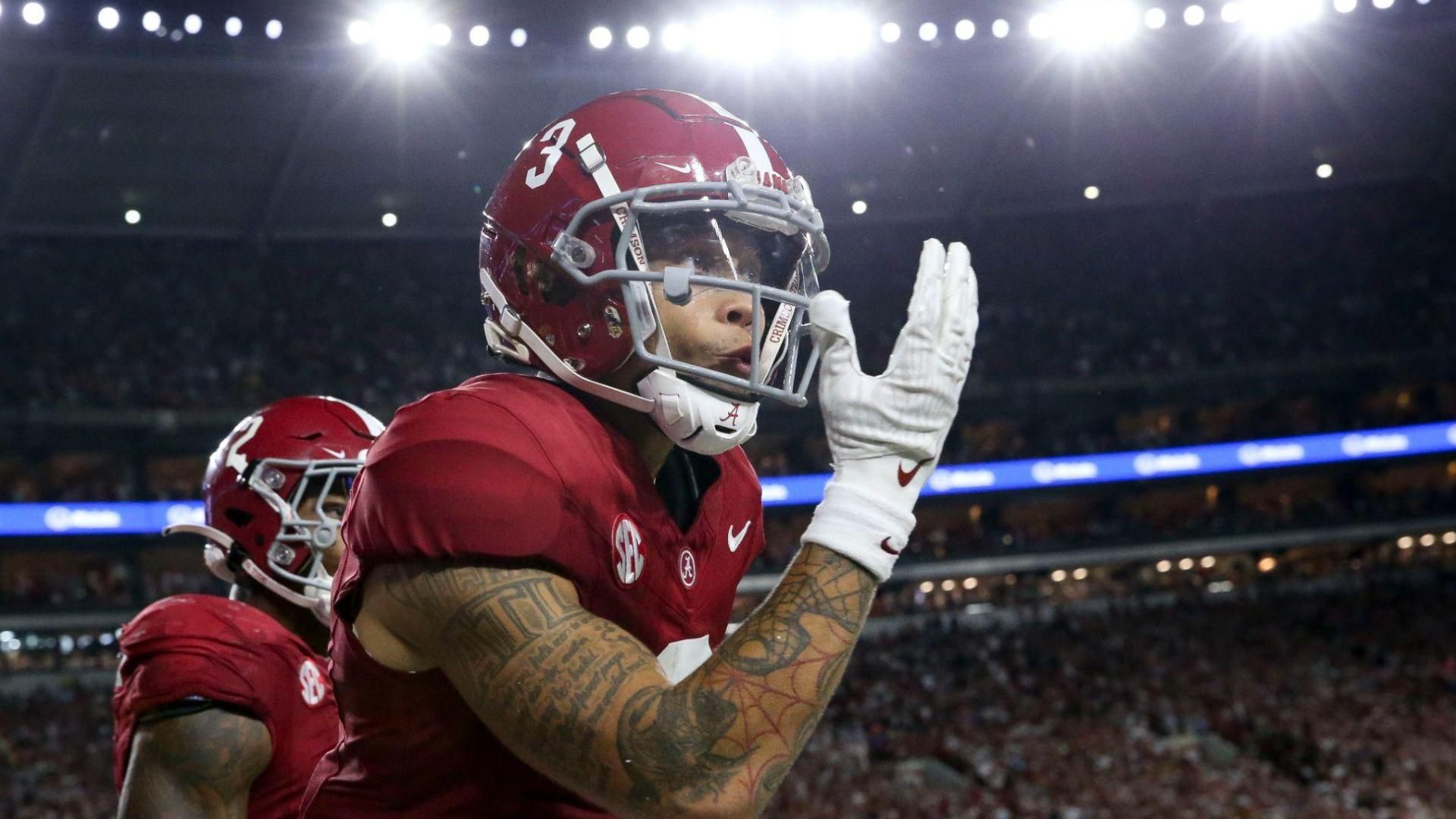 Alabama Crimson Tide wide receiver Jermaine Burton (3) blows kisses to the fans after scoring a touchdown at Bryant-Denny Stadium.