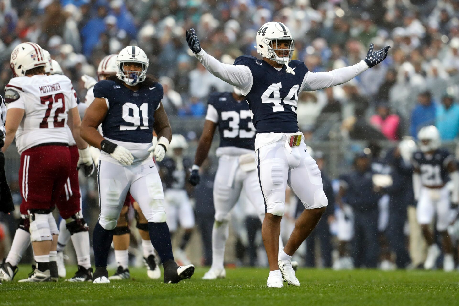 Penn State Nittany Lions defensive end Chop Robinson (44) celebrates following a sack on Massachusetts Minutemen quarterback Taisun Phommachanh (3) during the second quarter at Beaver Stadium.