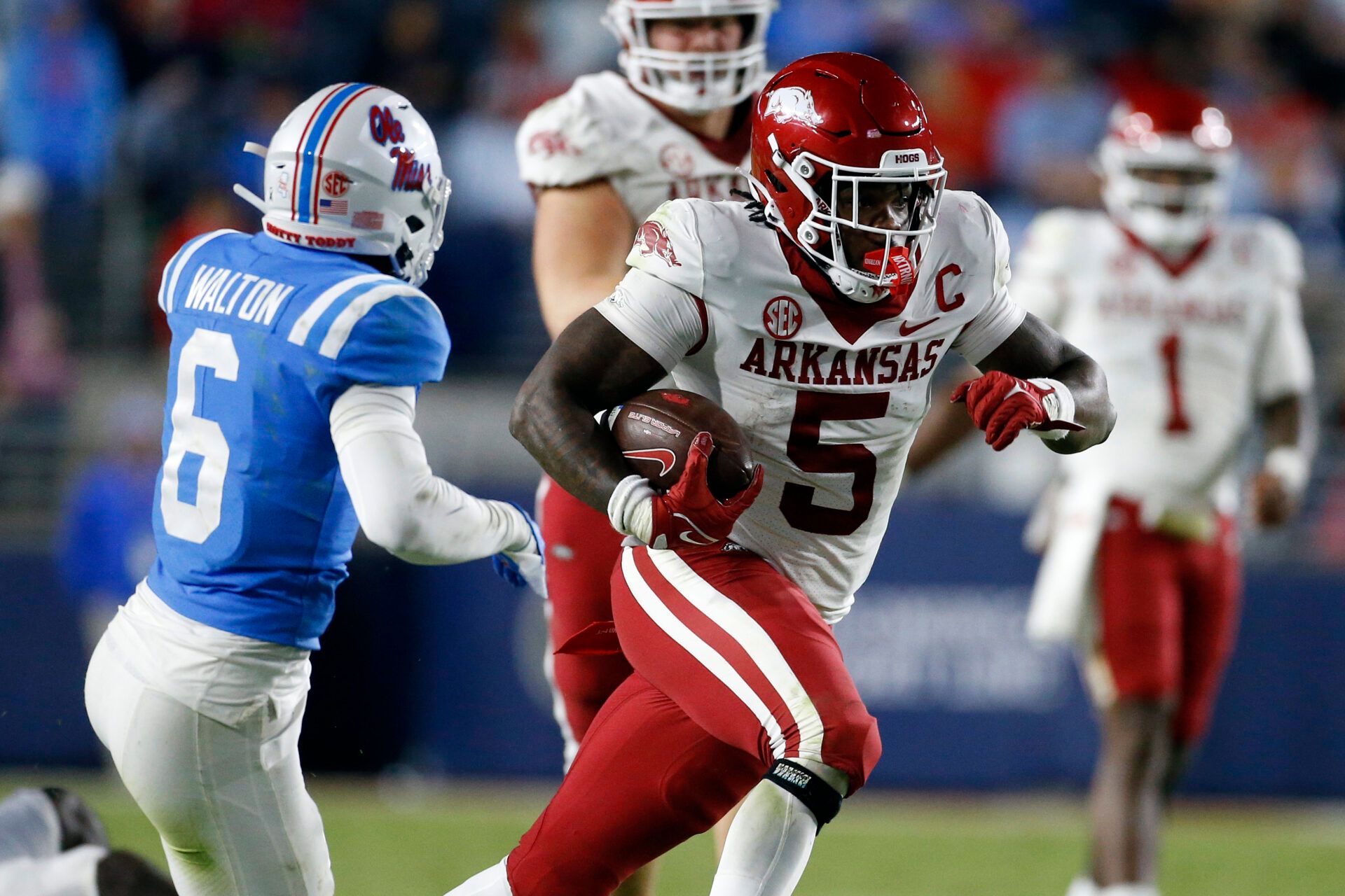 Arkansas Razorbacks running back Raheim Sanders (5) runs the ball during the second half against the Mississippi Rebels at Vaught-Hemingway Stadium.