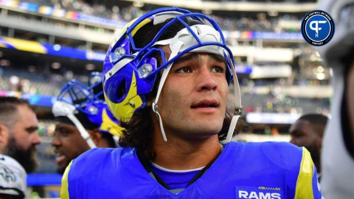 Los Angeles Rams wide receiver Puka Nacua (17) reacts following the game against the Philadelphia Eagles at SoFi Stadium.