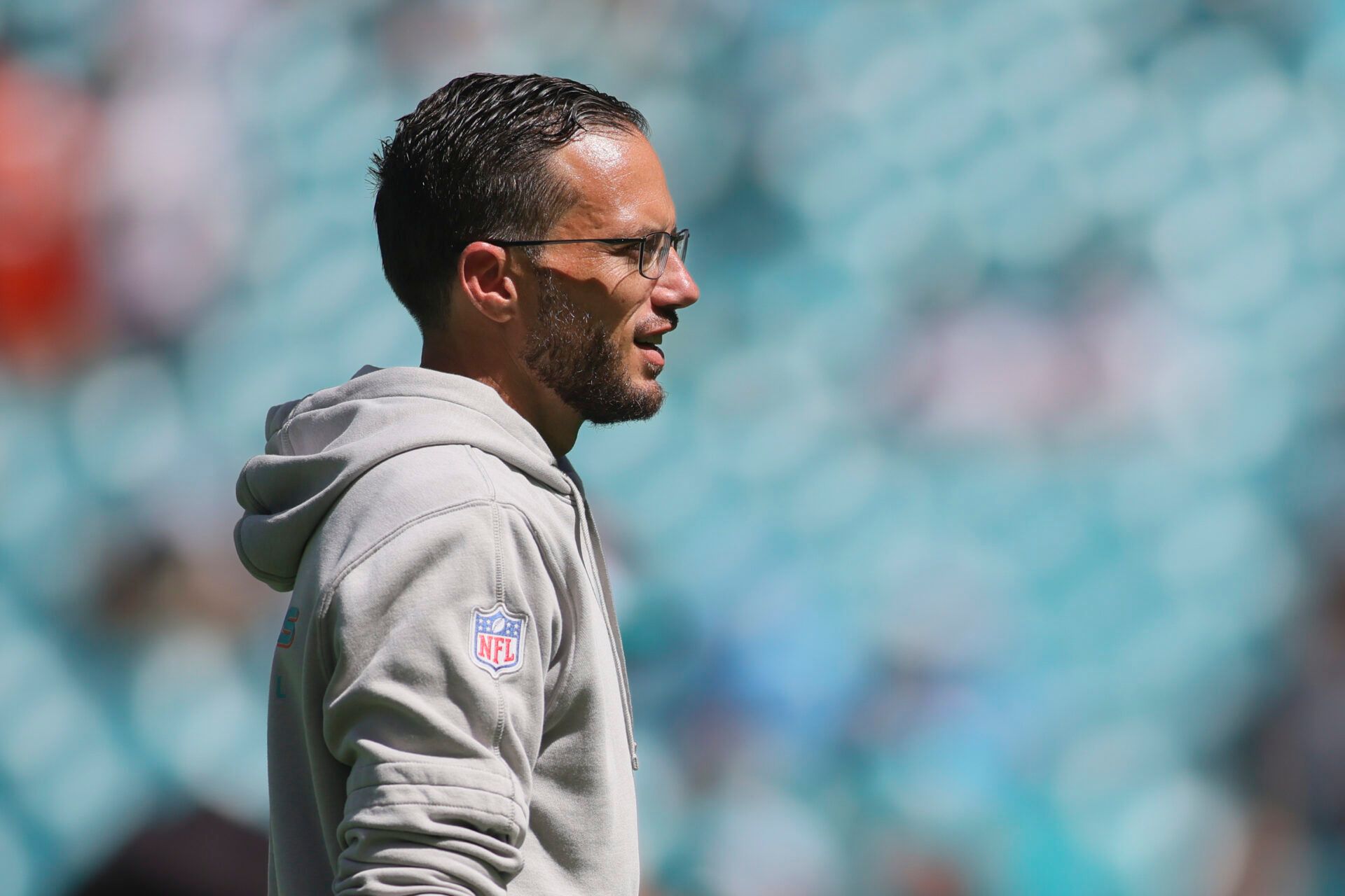 Miami Dolphins head coach Mike McDaniel looks on prior to the game against the Carolina Panthers at Hard Rock Stadium.