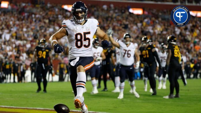 Chicago Bears tight end Cole Kmet (85) celebrates after catching a touchdown pass against the Washington Commanders during the second quarter at FedExField.