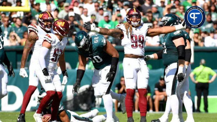 Washington Commanders defensive end Chase Young (99) celebrates his sack against the Philadelphia Eagles during the second quarter at Lincoln Financial Field.