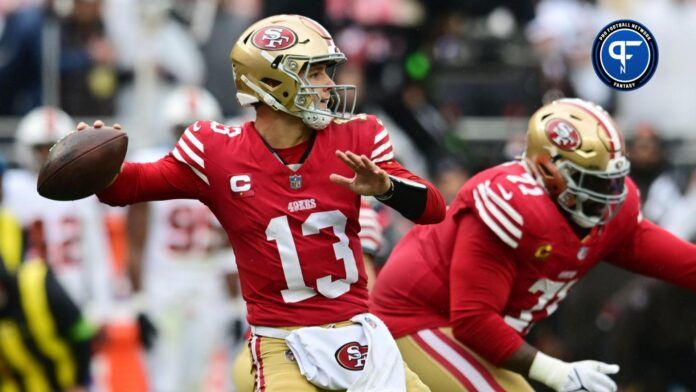 San Francisco 49ers quarterback Brock Purdy (13) throws a pass during the first half against the Cleveland Browns at Cleveland Browns Stadium.