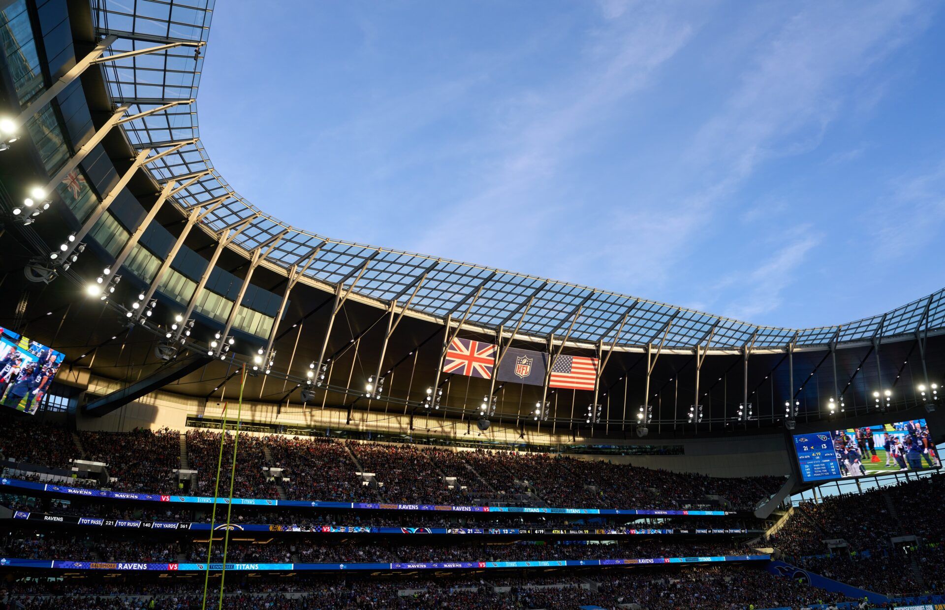 The evening scene during the second half of an NFL International Series game at Tottenham Hotspur Stadium.