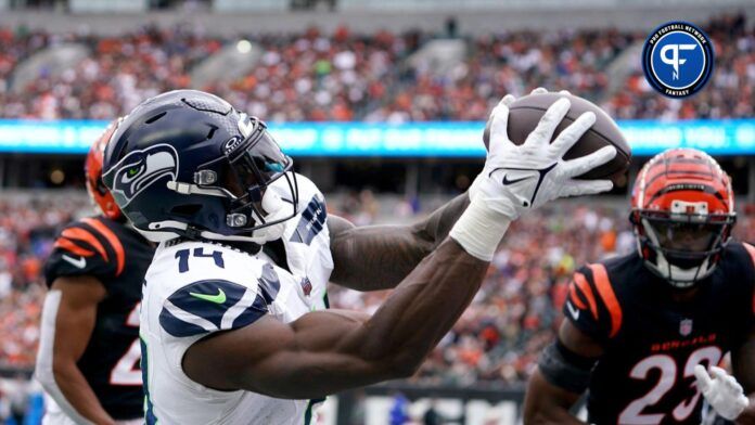 Seattle Seahawks wide receiver DK Metcalf (14) catches a pass but is out of bounds near the end zone in the third quarter during an NFL football game between the Seattle Seahawks and the Cincinnati Bengals Sunday, Oct. 15, 2023, at Paycor Stadium in Cincinnati. The Cincinnati Bengals won, 17-13.