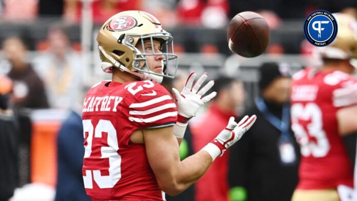 San Francisco 49ers running back Christian McCaffrey (23) warms up before the game between the 49ers and the Cleveland Browns at Cleveland Browns Stadium.