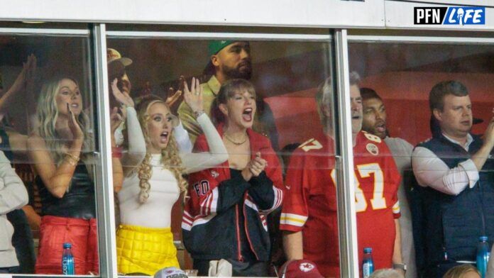 Recording artist Taylor Swift cheers on the Kansas City Chiefs from a suite at the game against the Denver Broncos.