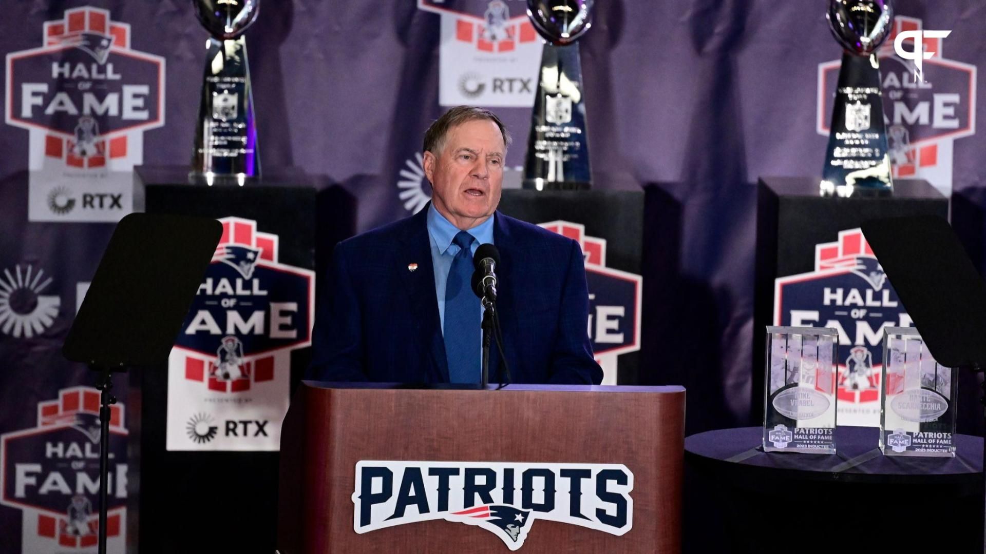 New England Patriots head coach Bill Belichick gives a speech at the 2023 Patriots Hall of Fame induction in the Cross Insurance Pavilion at Gillette Stadium.