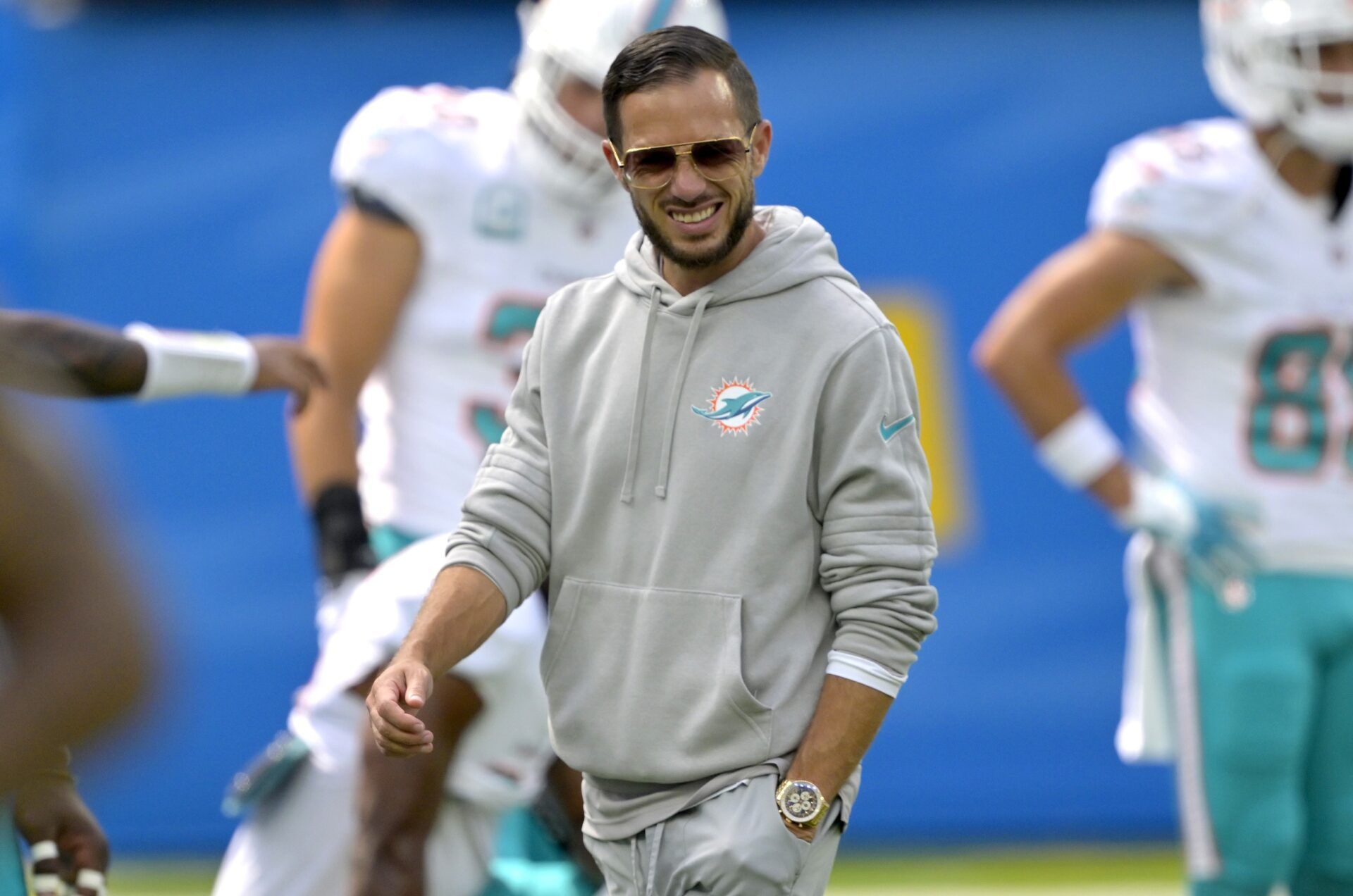 Miami Dolphins head coach Mike McDaniel walks on the field prior to the game against the Los Angeles Chargers at SoFi Stadium.