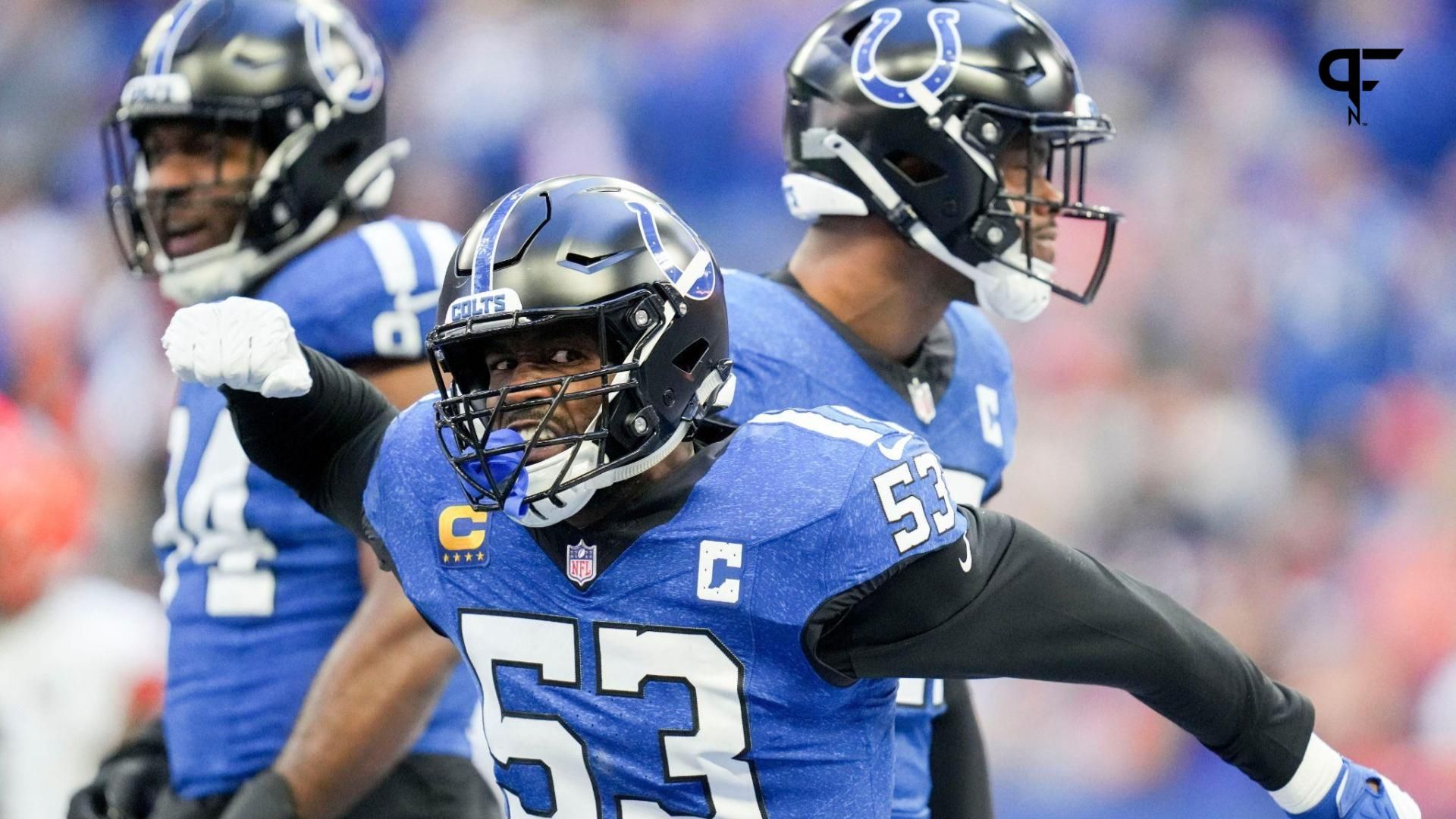 Indianapolis Colts LB Shaquille Leonard (53) reacts with teammates after a play.