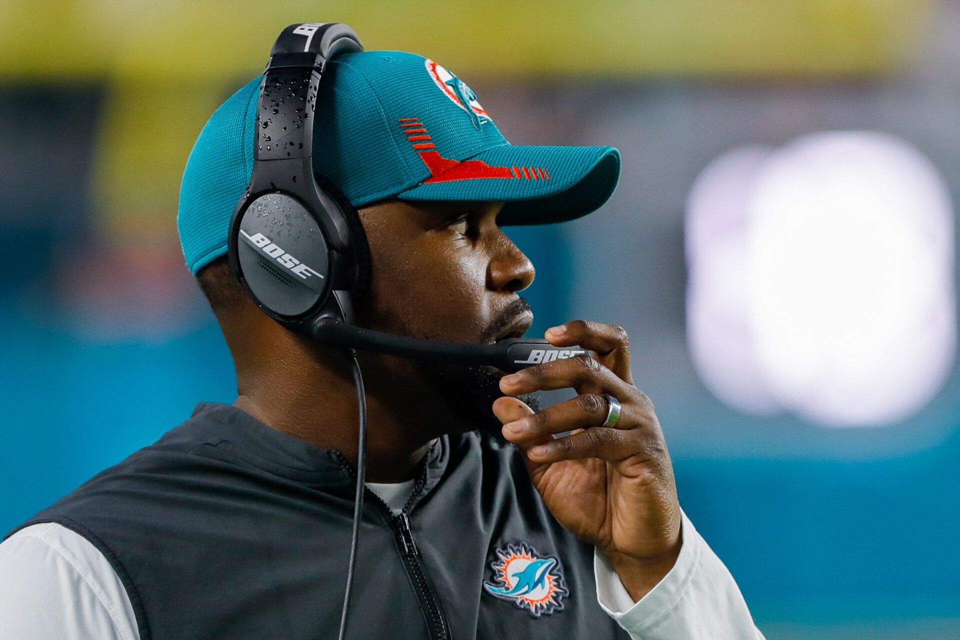 Miami Dolphins head coach Brian Flores watches from the sideline during the second quarter of the game against the New England Patriots at Hard Rock Stadium.