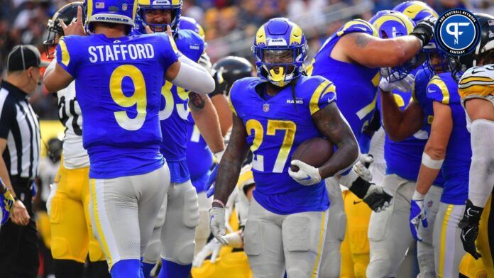 Darrell Henderson Jr. (27) celebrates his touchdown scored against the Pittsburgh Steelers during the second half at SoFi Stadium.