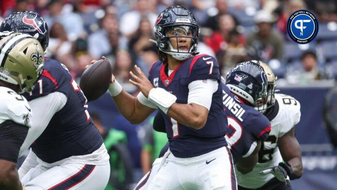 Houston Texans quarterback C.J. Stroud (7) looks for an open receiver during the third quarter against the New Orleans Saints at NRG Stadium.