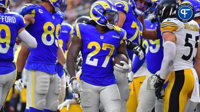 Darrell Henderson Jr. (27) celebrates his touchdown scored against the Pittsburgh Steelers during the second half at SoFi Stadium.