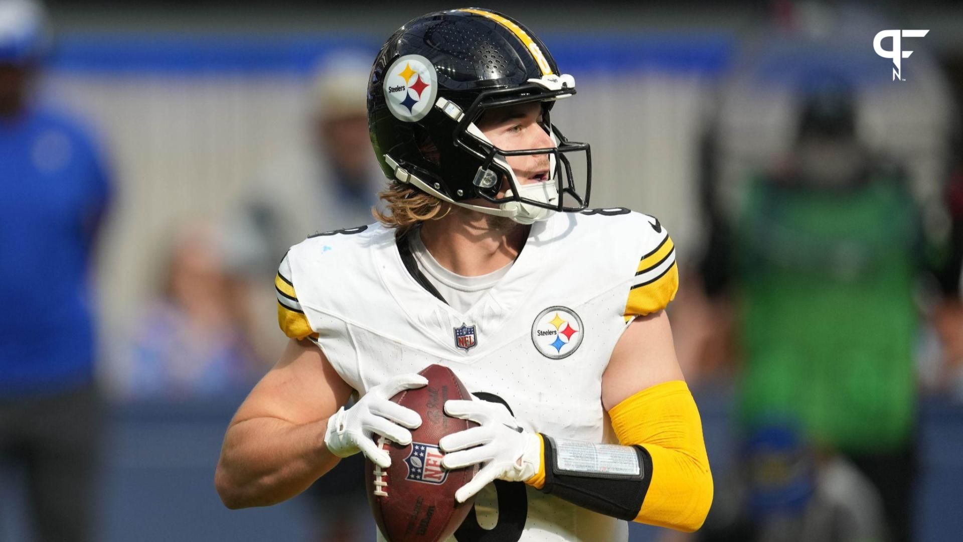 Kenny Pickett (8) throws the ball against the Los Angeles Rams in the second half at SoFi Stadium.