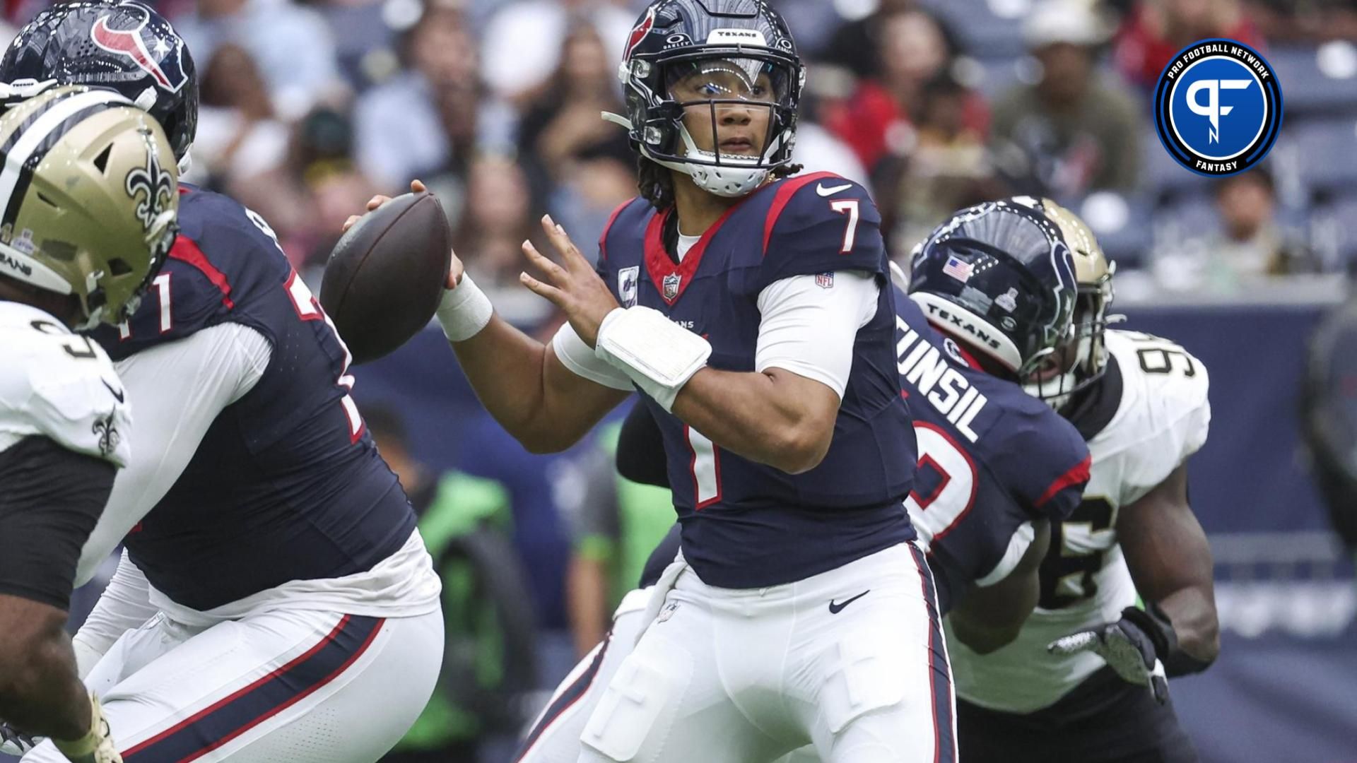 Houston Texans QB C.J. Stroud (7) looks to pass against the New Orleans Saints.