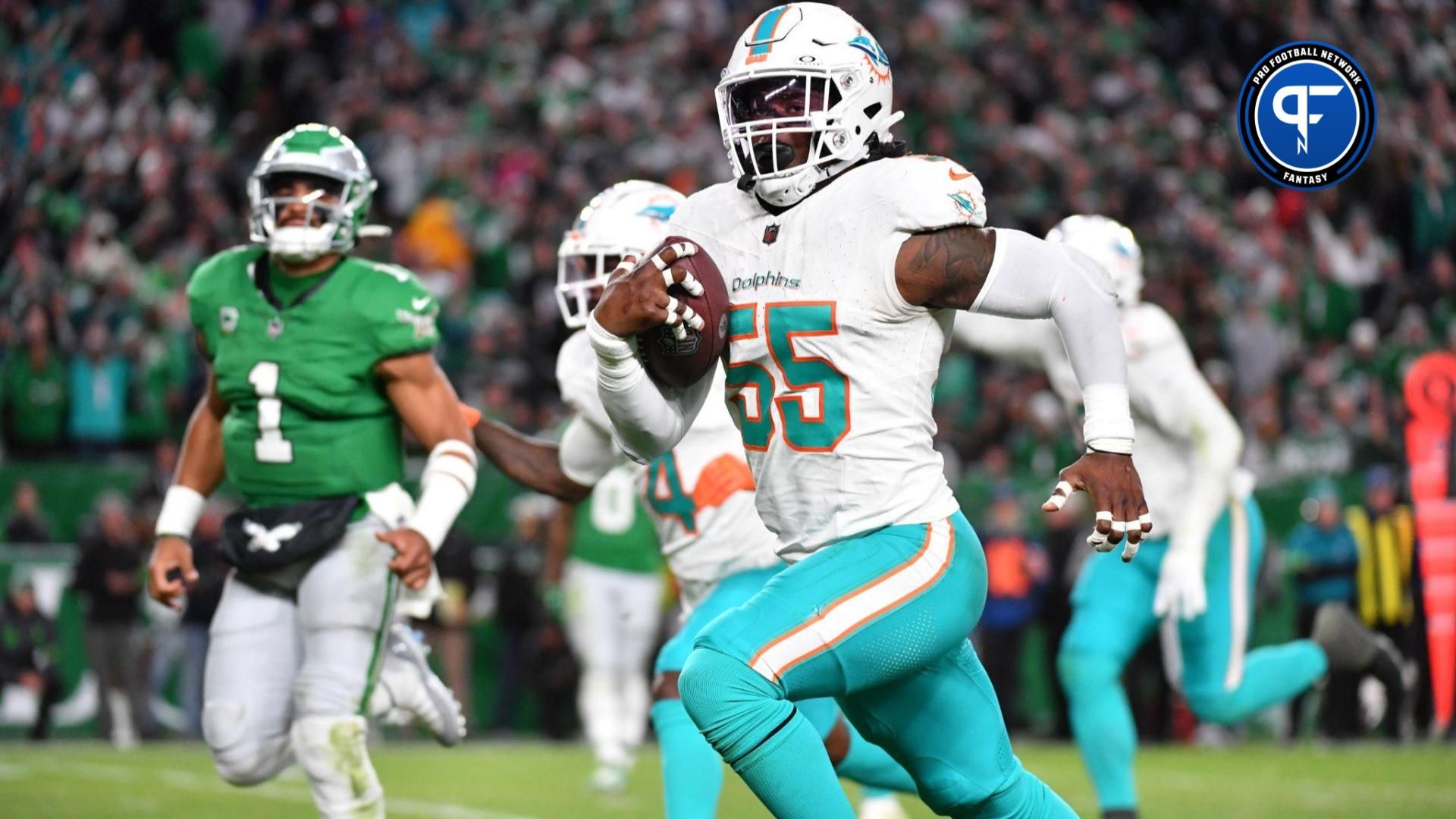 Miami Dolphins LB Jerome Baker (55) returns an interception for a touchdown against the Philadelphia Eagles.
