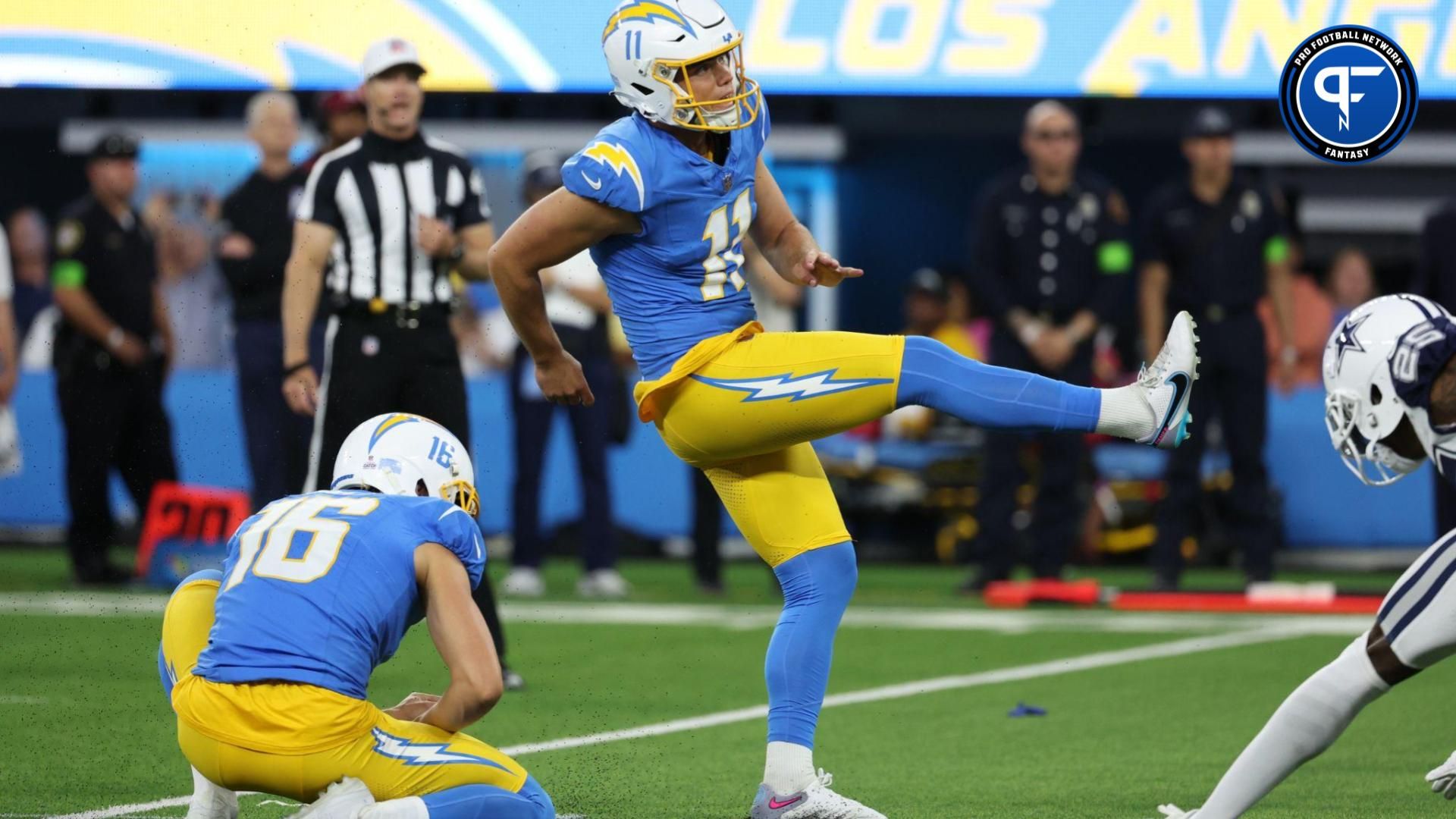 Los Angeles Chargers place kicker Cameron Dicker (11) kicks a field goal during the third quarter against the Dallas Cowboys.