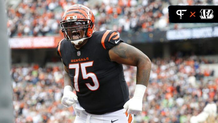 Orlando Brown Jr. (75) gets excited before the game against the Seattle Seahawks at Paycor Stadium.