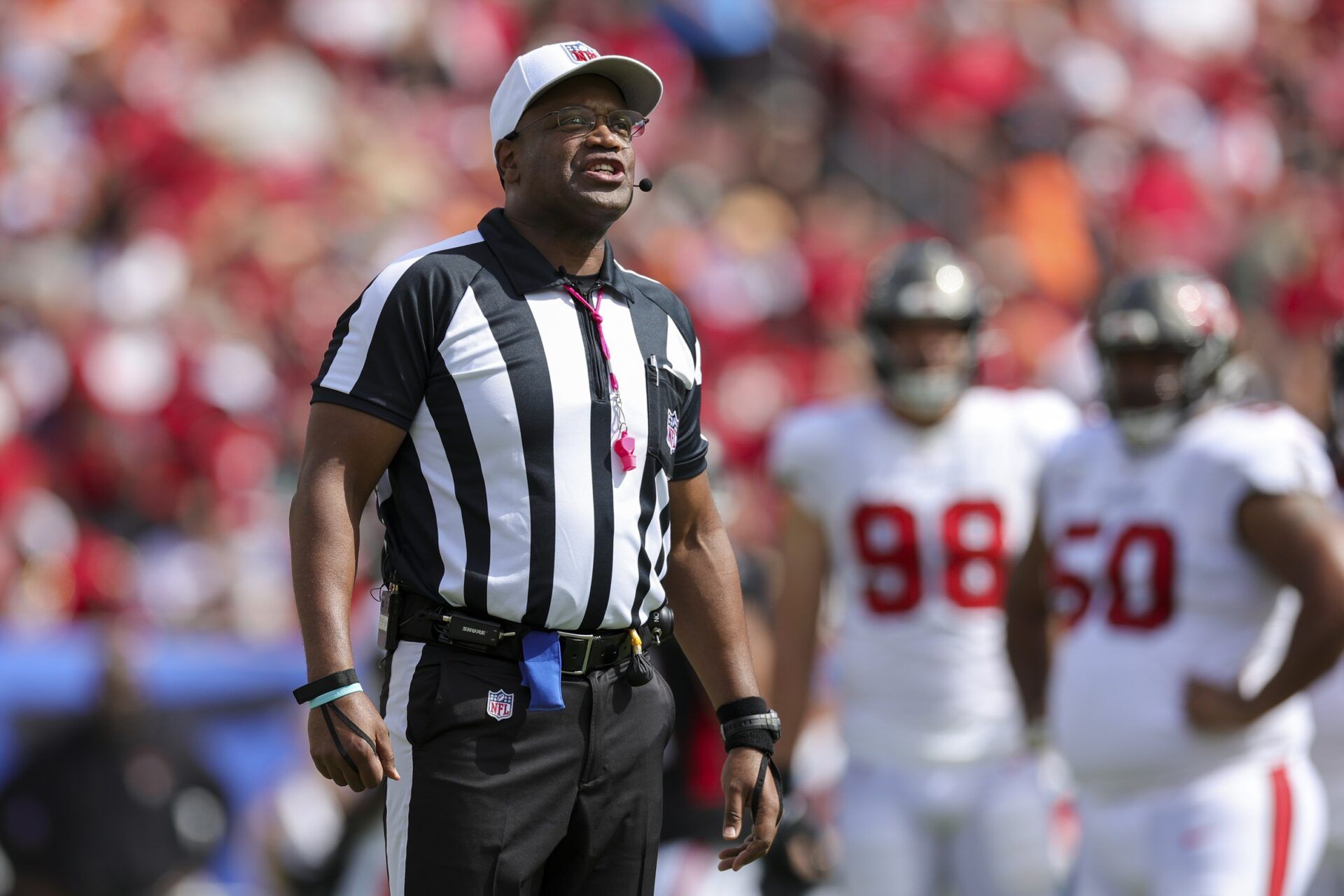 Ronald Torbert (62) calls a penalty during a game between the Atlanta Falcons and Tampa Bay Buccaneers at Raymond James Stadium.